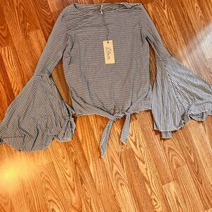 Elan Black and White Striped Tie-Front Blouse